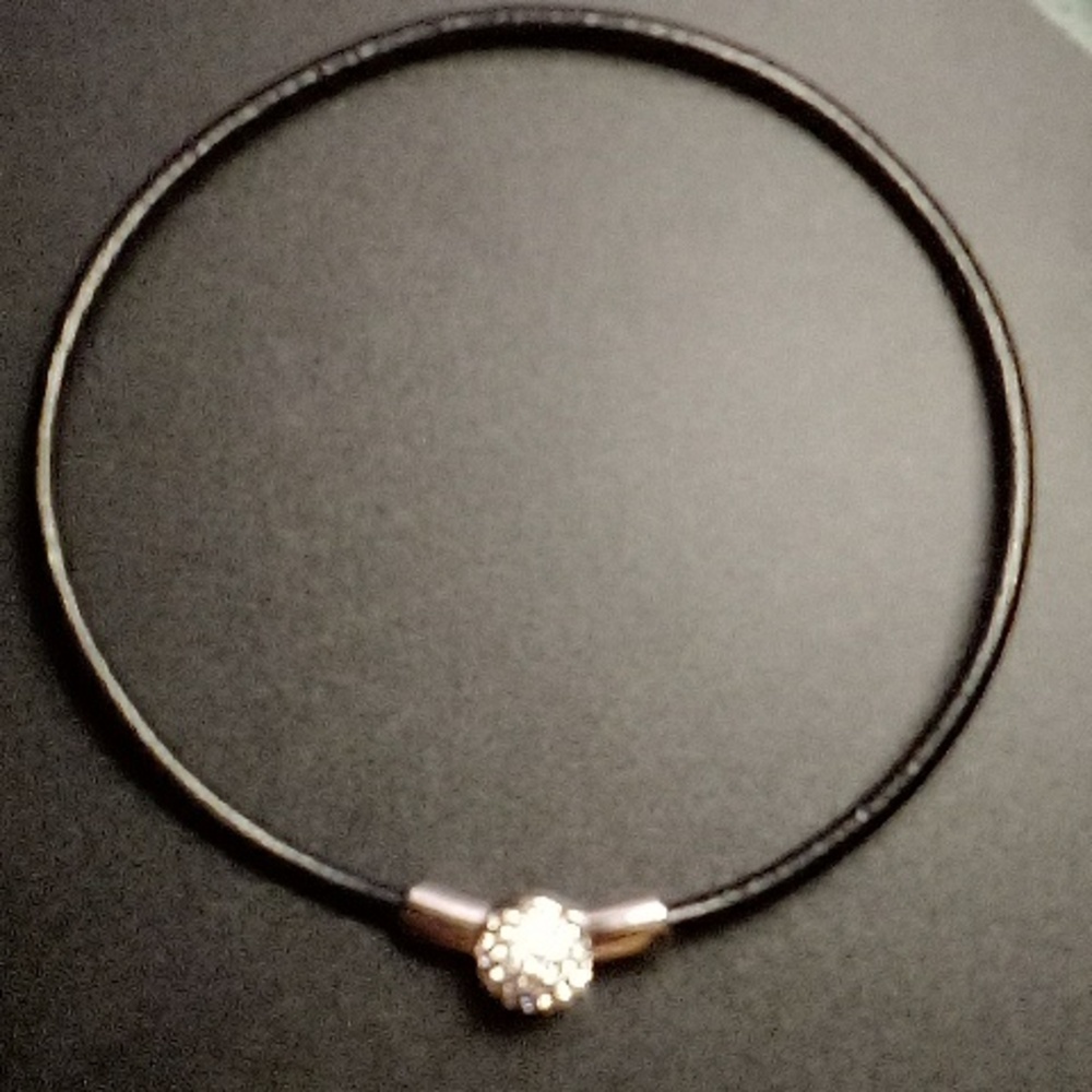 Vintage Black Leather and Silver Crystal Choker Necklace